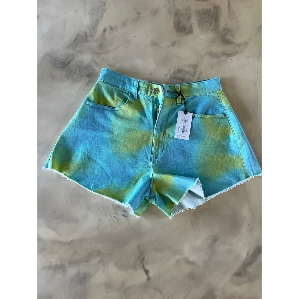 WeWoreWhat Flare Bell Short Y2k Tie Dye High Rise Stretch Denim Blue Green 28